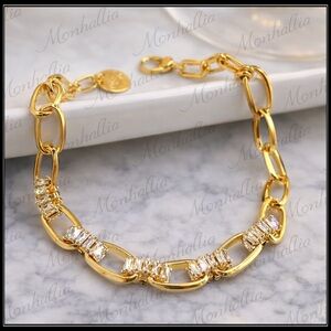 New Gold Wide Link Simulated Diamond Baguette Statement Bracelet